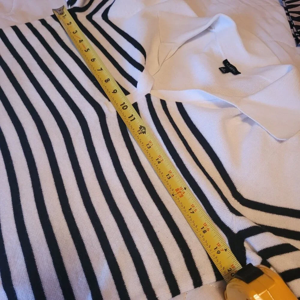 Talbots white collared polo sweater black stripes button cuffs nautical preppy M - Picture 7 of 10